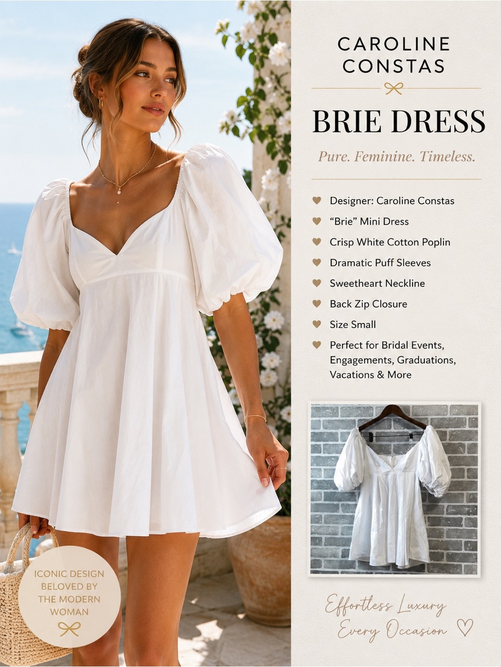 Caroline Constas Brie White Puff Sleeve Mini Dress Poplin Cotton Women Sm Bridal